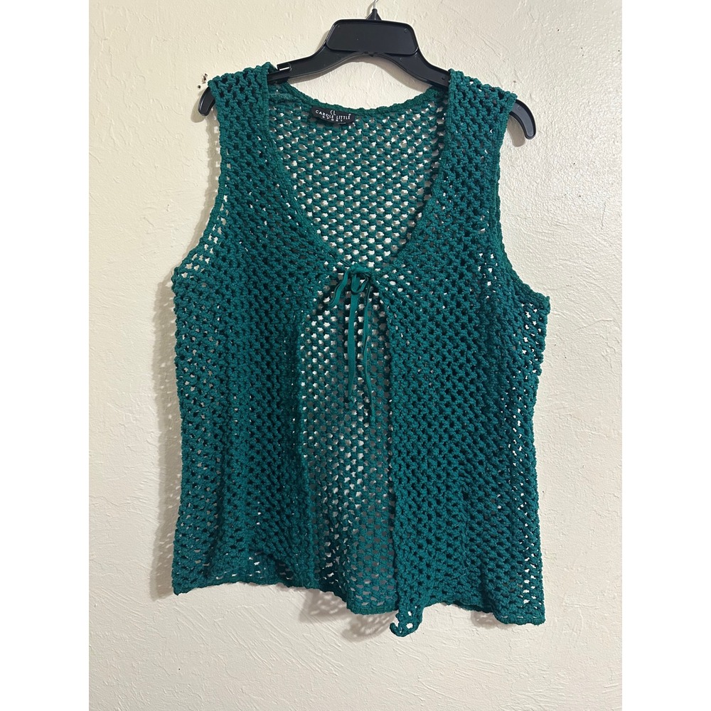 VTG 60's Carole Little Sport Teal Crochet Knit Sleeveless Vest Tie Front Size L